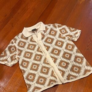 Crochet Button-Front Knit Top in Cream and Tan